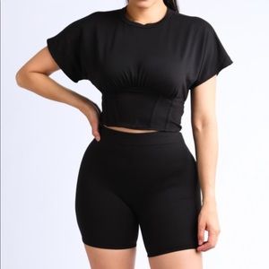 BAILEY BLACK CORSETED TOP AND BIKER SHORTS SET